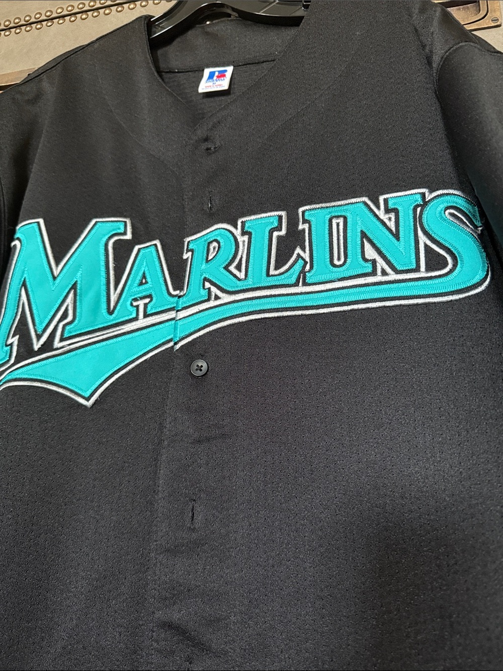 Russell Athletic Black Miami Marlins Button-Up Jersey with Teal Logo - Picture 6 of 7